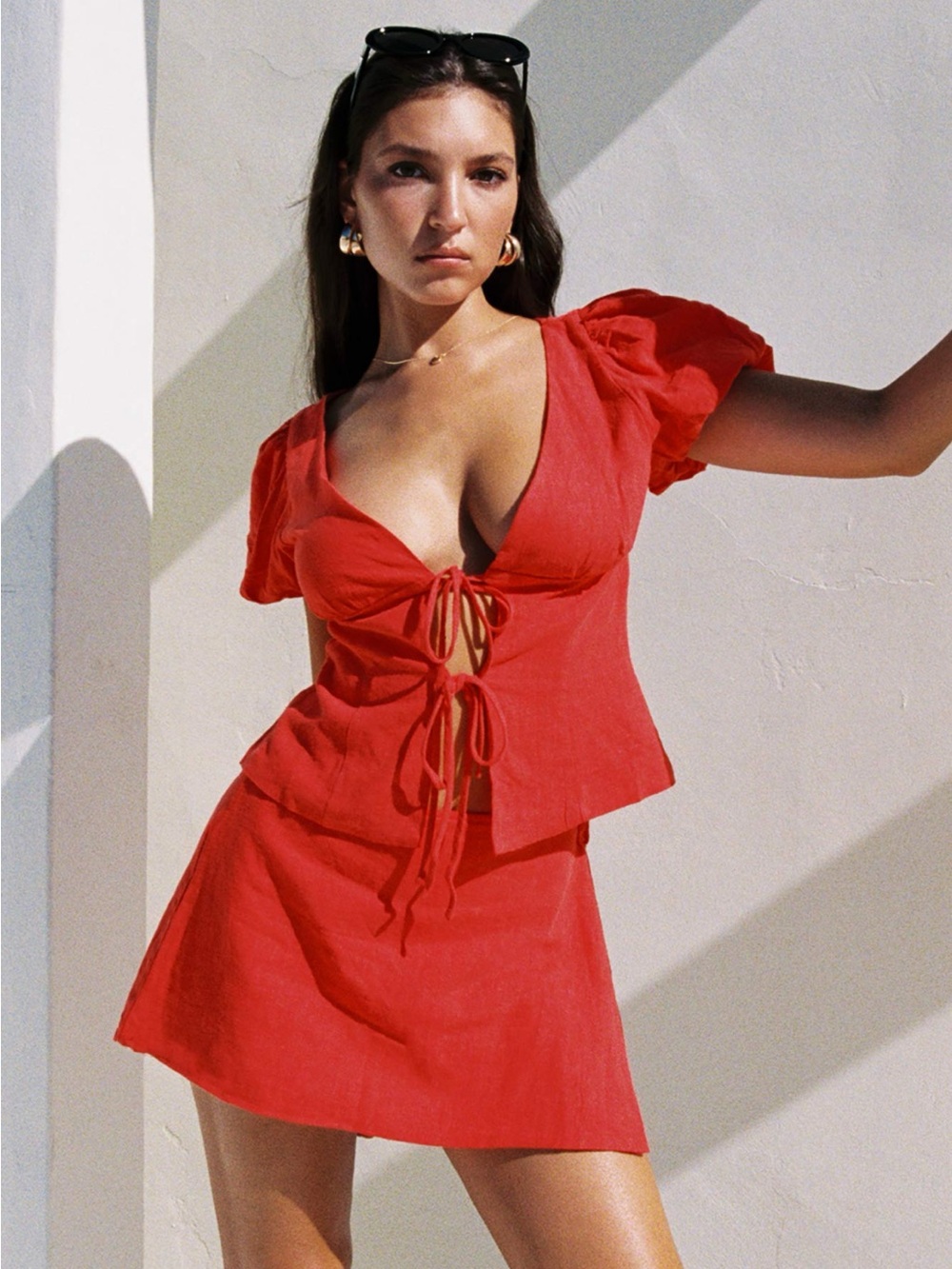 Red Linen Mini Skort - Picture 3 of 4